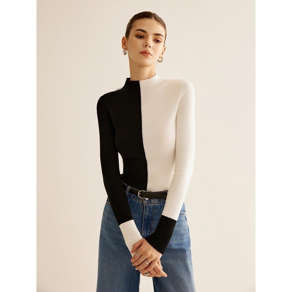COMMENSE Wool-Blend Two Tone Skinny Knit Top BlackandWhite size S